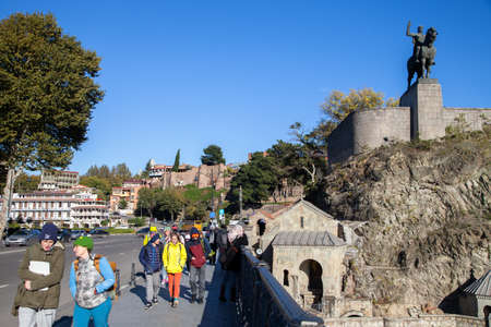 Tbilisi,Georgia - 11-02-2016:Old bridge with Monument to King Vakhtang I Gorgasali
