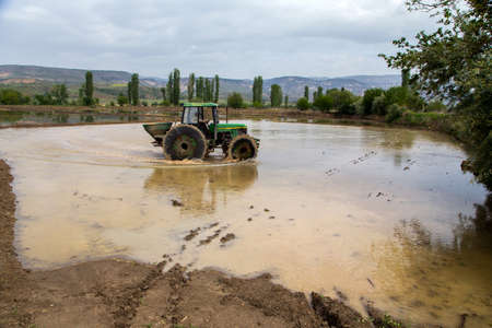 Ankara,Turkey - 05-13-2016:Tractor driving in paddy field, cloudy skyのeditorial素材