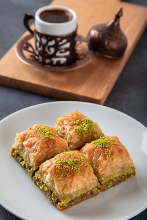 Traditional pistachio baklava with Turkish coffeeの写真素材
