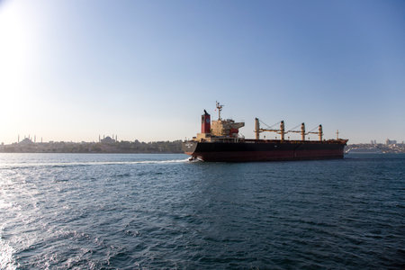 Istanbul,Turkey - 08-29-2022:Cargo ship passes through the Bosphorus,Istanbulのeditorial素材