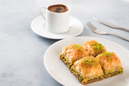 Pistachio baklava on a white plate with Turkish coffee.Traditional Turkish baklava and t coffee on a light backgroundの写真素材