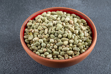 A bowlful of naturally dried thyme on gray backgroundの写真素材