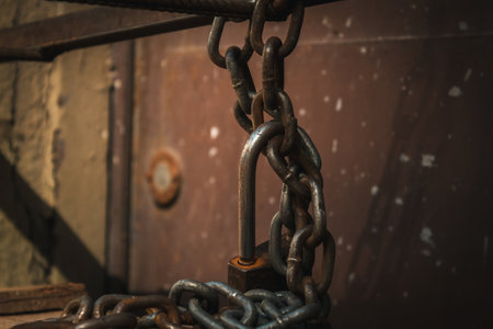 Iron chain lock on wooden floor. Rusty chain lock.