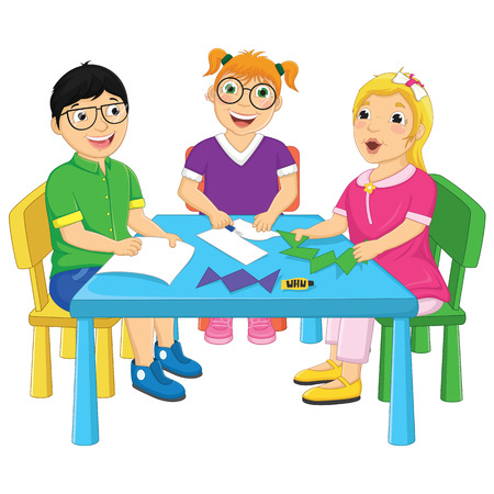 Kids Working On Table Vector Illustrationのイラスト素材