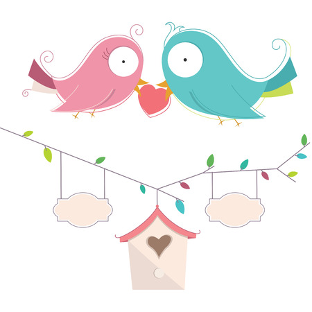 Illustration Of Two Cute Birds In Love Wedding Cardのイラスト素材