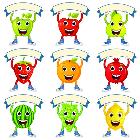 Cute Fruits With Banners Setのイラスト素材