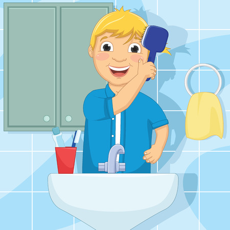 Little Boy Brushing Hair Illustrationのイラスト素材