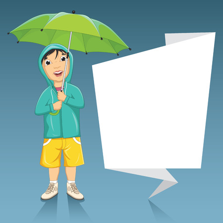 Illustration Of A Little Boy Holding Umbrella Next To An Origami Bannerのイラスト素材
