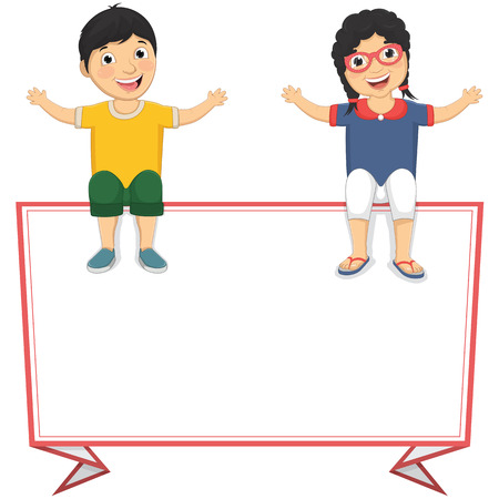 Illustration Of Cute Children Sitting On Red Frame Bannerのイラスト素材