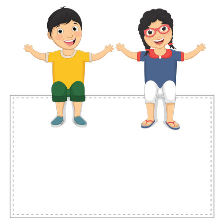 Illustration Of Cute Children Sitting On White Bannerのイラスト素材