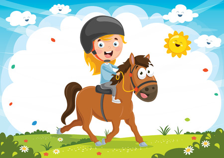 Vector Illustration Of Kid Riding Horseのイラスト素材