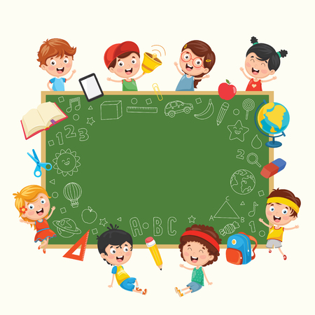 Funny kids holding blank placard surrounded with different stationery.のイラスト素材