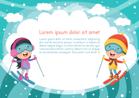 Vector Illustration Of Kids Skiing on color background.のイラスト素材