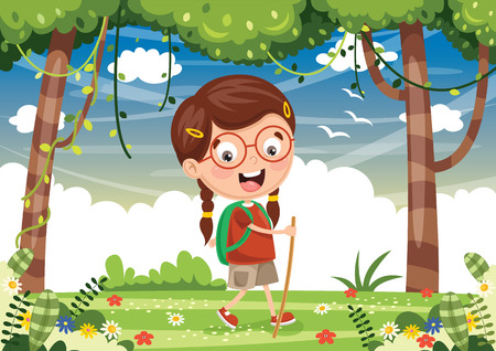 Vector illustration of kid with sunglasses trekking.のイラスト素材