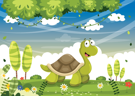 Vector Illustration Of Cartoon Turtle with tree.のイラスト素材