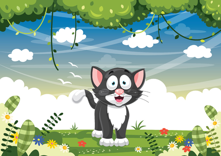 Vector Illustration Of Cartoon Cat with tree,のイラスト素材