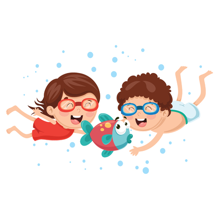 Vector Illustration Of Cartoon Kids With Fishのイラスト素材