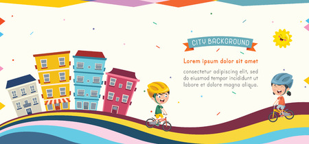 City view with kids riding a bike vector illustration.のイラスト素材