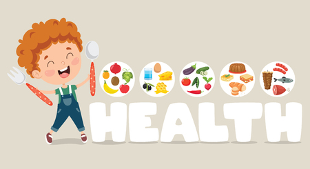 Vector Illustration Of Child Eating Healthy Foodのイラスト素材