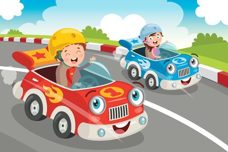 Children Racing With Funny Carsのイラスト素材