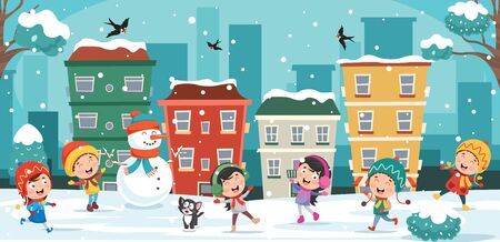 Children Playing Outside In Winterのイラスト素材