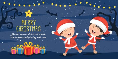Christmas Greeting Card Design With Cartoon Charactersのイラスト素材