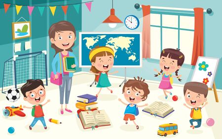 Little Students With Their Teacherのイラスト素材