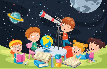 Kid Using Telescope For Astronomical Researchのイラスト素材