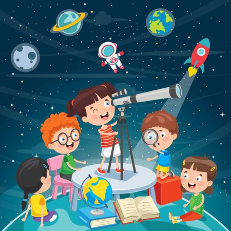 Kid Using Telescope For Astronomical Researchのイラスト素材