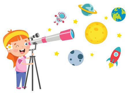 Kid Using Telescope For Astronomical Researchのイラスト素材