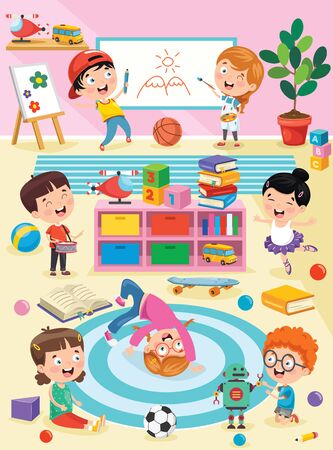Little Children Studying And Playing At Preschool Classroomのイラスト素材