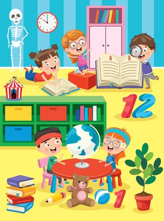 Little Children Studying And Playing At Preschool Classroomのイラスト素材