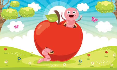 Red Apple And Cute Worm Cartoonのイラスト素材