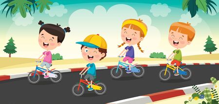 Happy Little Children Riding Bicycleのイラスト素材