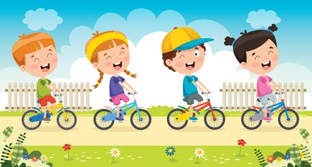 Happy Little Children Riding Bicycleのイラスト素材