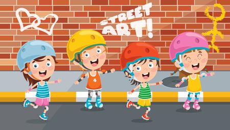 Little Kids Riding Roller Skateのイラスト素材