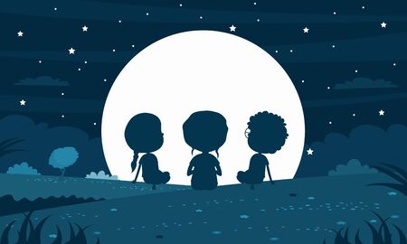 Child Silhouette At Moony Nightのイラスト素材