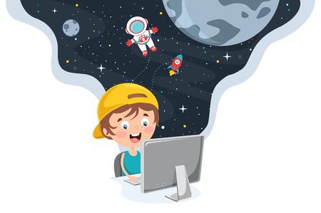 Little Happy Kid Using Technologyのイラスト素材