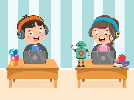 Little Happy Kid Using Technologyのイラスト素材