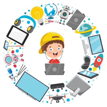 Little Kid And Technology Devicesのイラスト素材