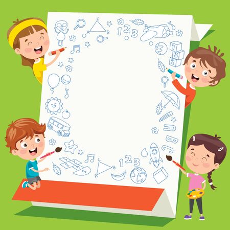Cartoon Kids With A Frame With Copy Spaceのイラスト素材