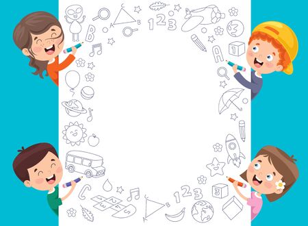 Cartoon Kids With A Frame With Copy Spaceのイラスト素材