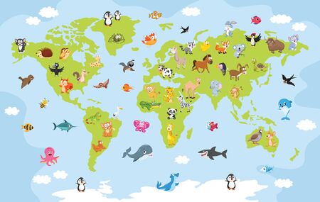 World Map With Cartoon Animalsのイラスト素材