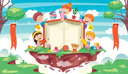 Cute Children Playing At Abstract Natureのイラスト素材