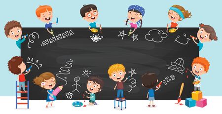 Happy Children Drawing On Blackboardのイラスト素材