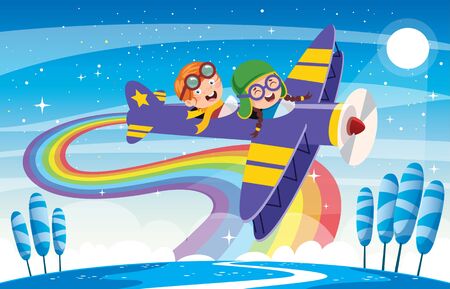 Happy Kid Flying In Airplaneのイラスト素材