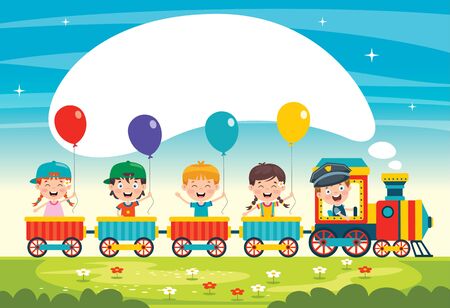 Funny Children Riding On The Trainのイラスト素材
