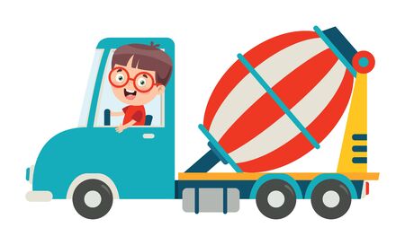 Funny Kid Using Concrete Mixer Machineのイラスト素材