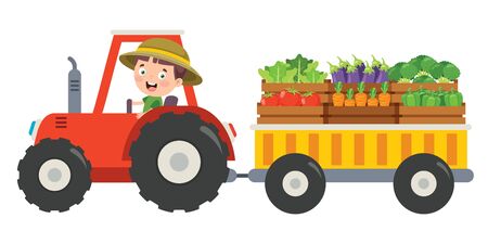 Funny Little Farmer Riding Tractorのイラスト素材