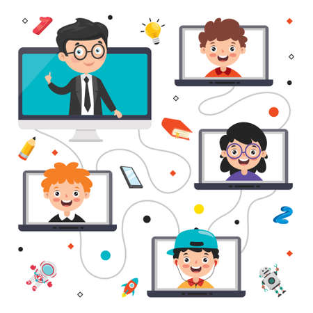 Online Learning Concept With Cartoon Characterのイラスト素材